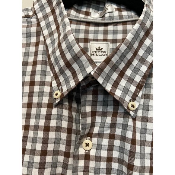 Peter Millar Men’s Shirt 2XL XXL Grey Brown White Check Button Down Long Sleeve - Picture 3 of 7